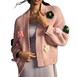 Anthropologie Maeve Womens Rose Knit Susannah 3D Flower Cardigan Sise OS
